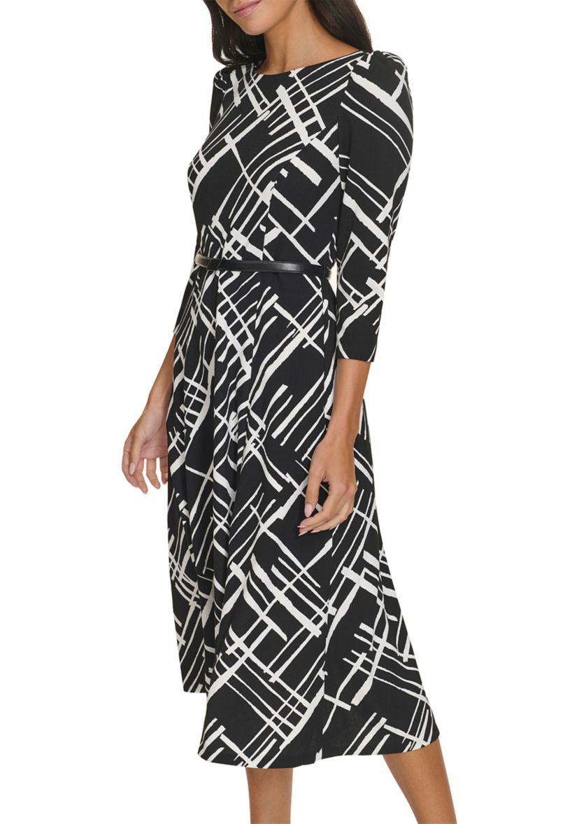 Womens 3/4 Sleeve Geometric Print Crepe Belted Midi Dress