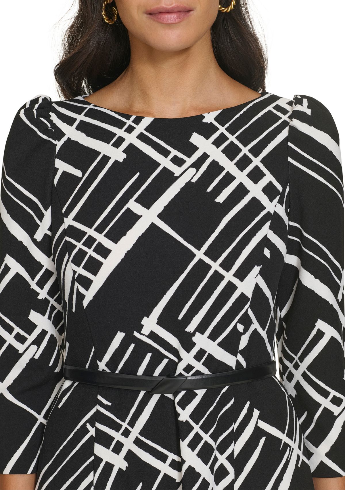 Womens 3/4 Sleeve Geometric Print Crepe Belted Midi Dress