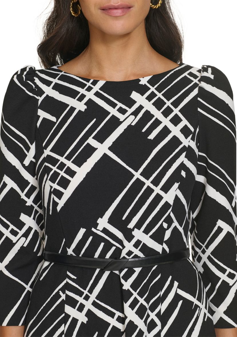 Womens 3/4 Sleeve Geometric Print Crepe Belted Midi Dress
