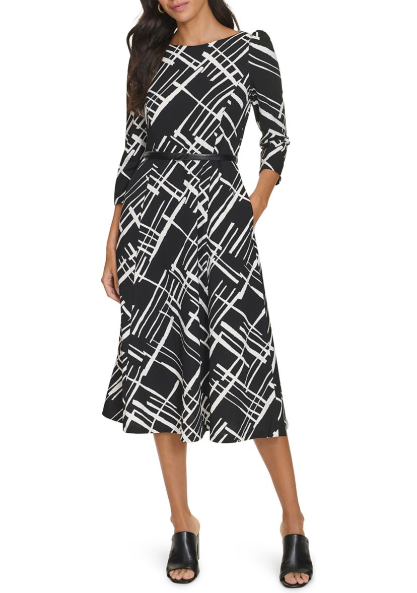 Womens 3/4 Sleeve Geometric Print Crepe Belted Midi Dress