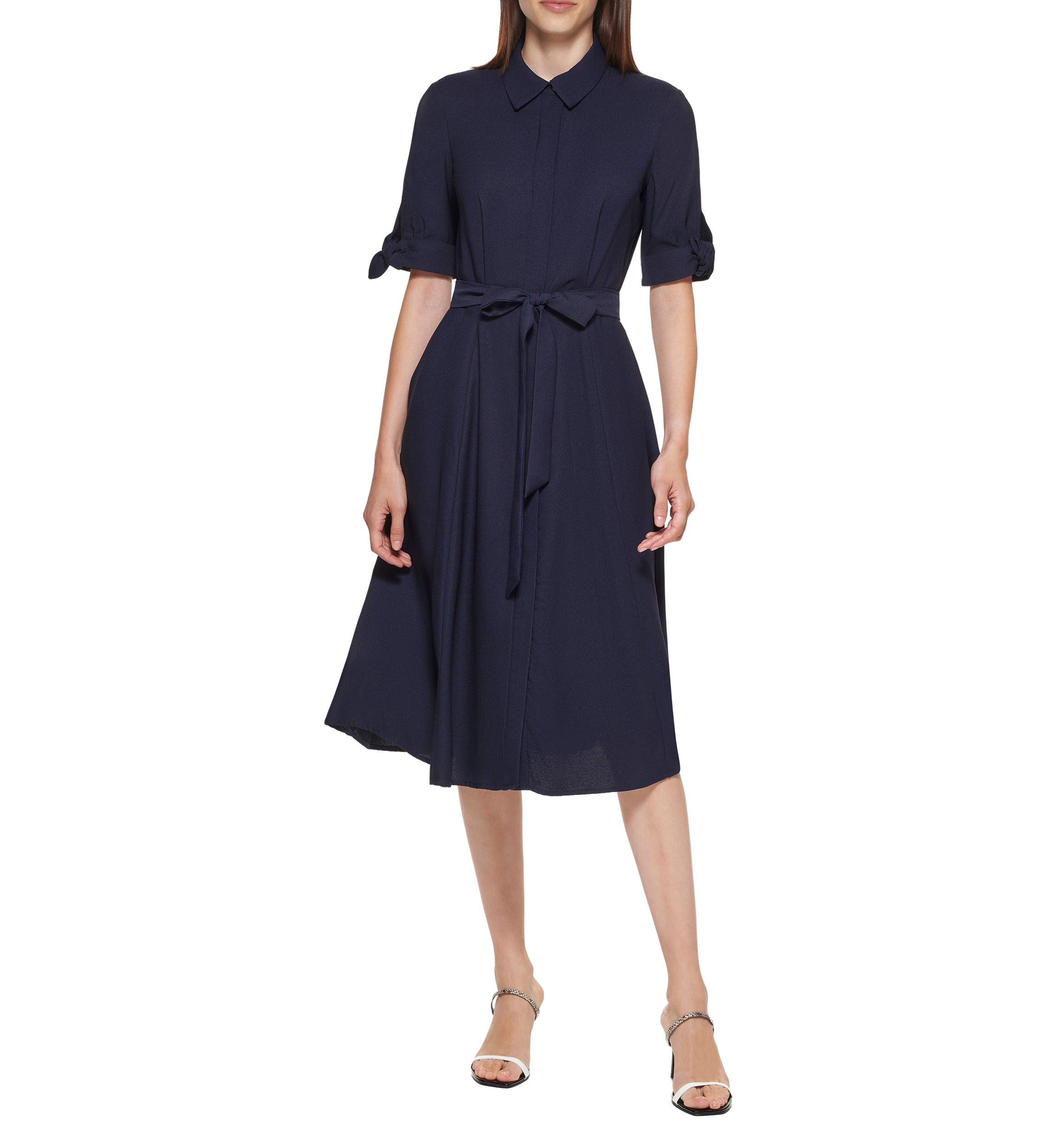 Womens Elbow Sleeve Collared Tie Waist Dress