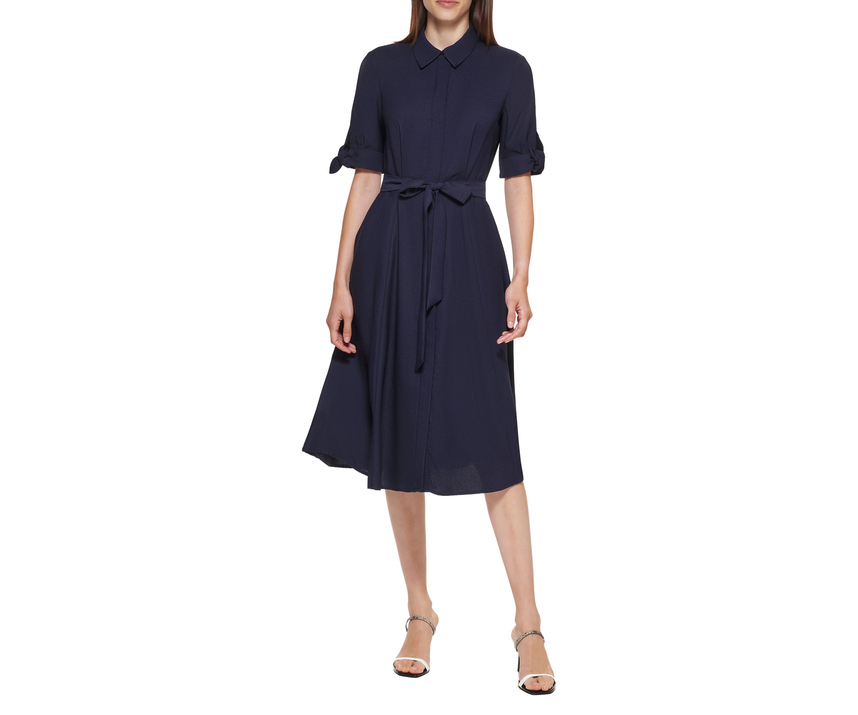 Womens Elbow Sleeve Collared Tie Waist Dress