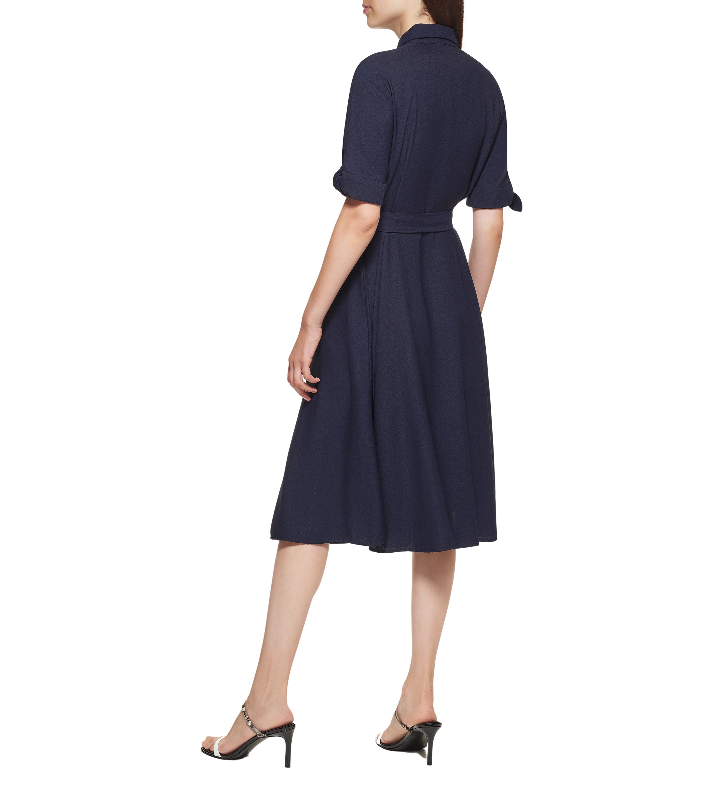 Womens Elbow Sleeve Collared Tie Waist Dress