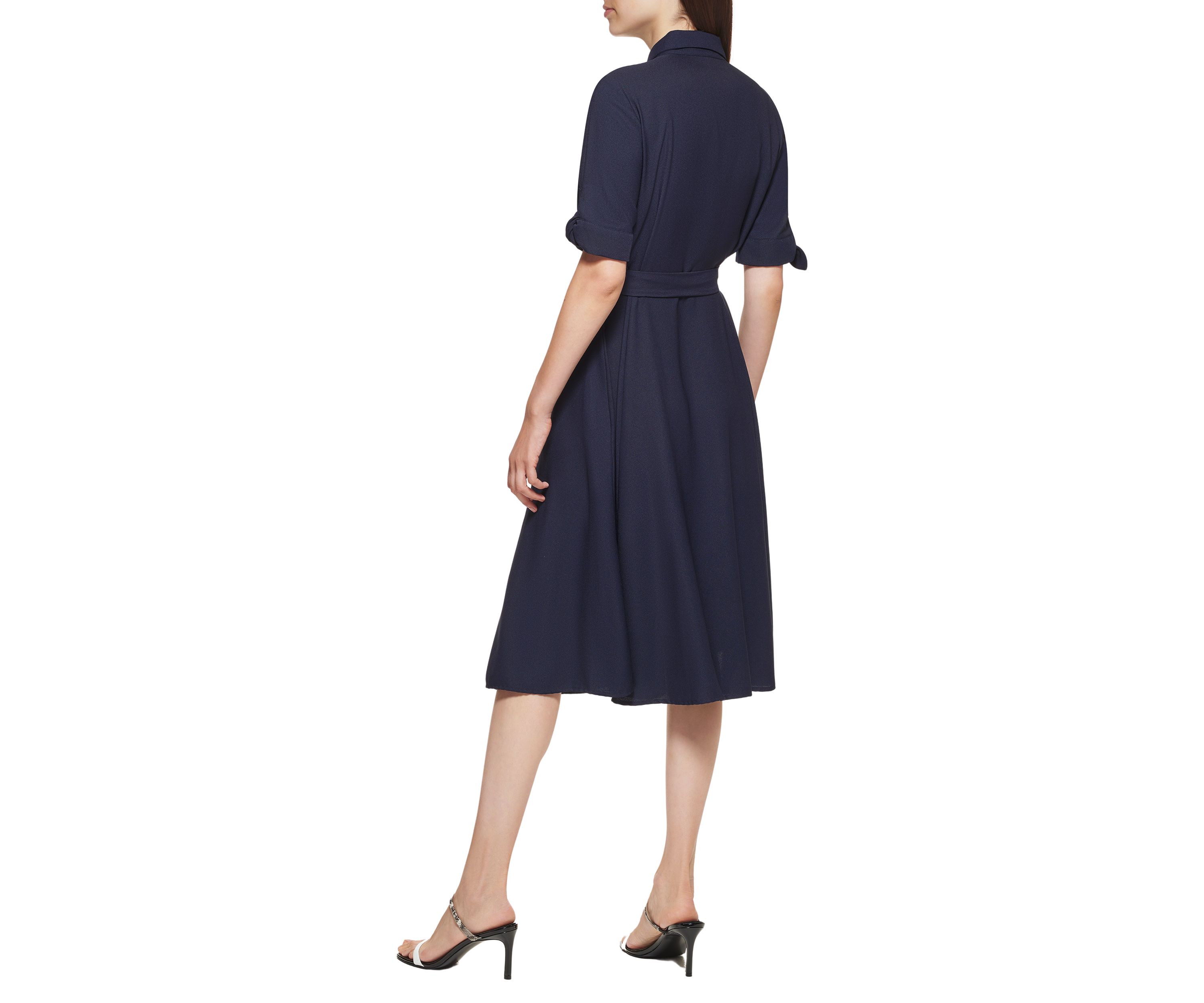 Womens Elbow Sleeve Collared Tie Waist Dress
