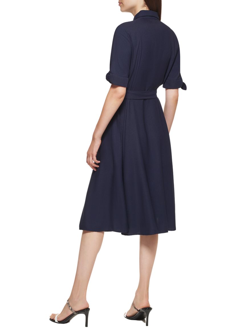 Womens Elbow Sleeve Collared Tie Waist Dress