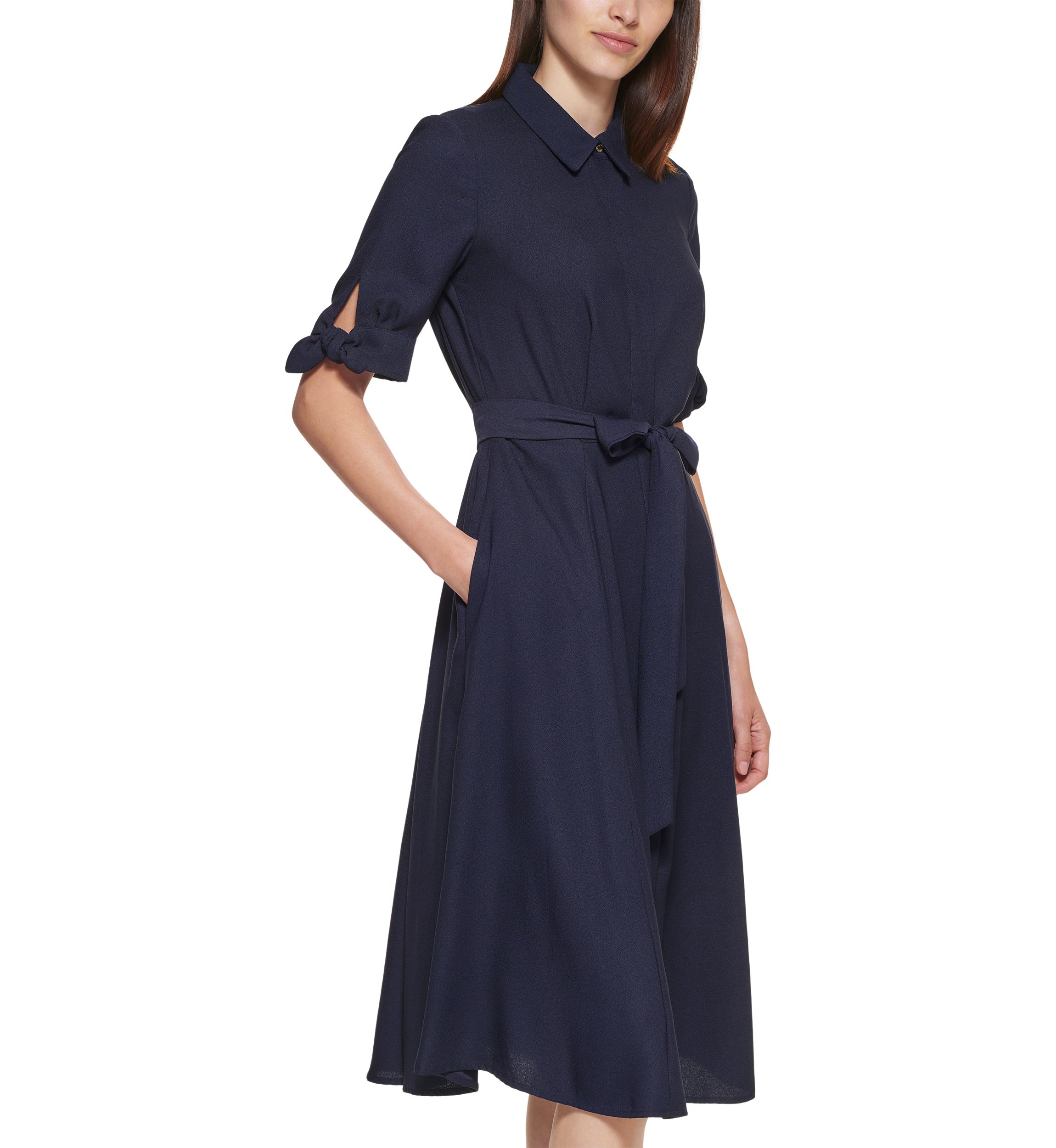 Womens Elbow Sleeve Collared Tie Waist Dress