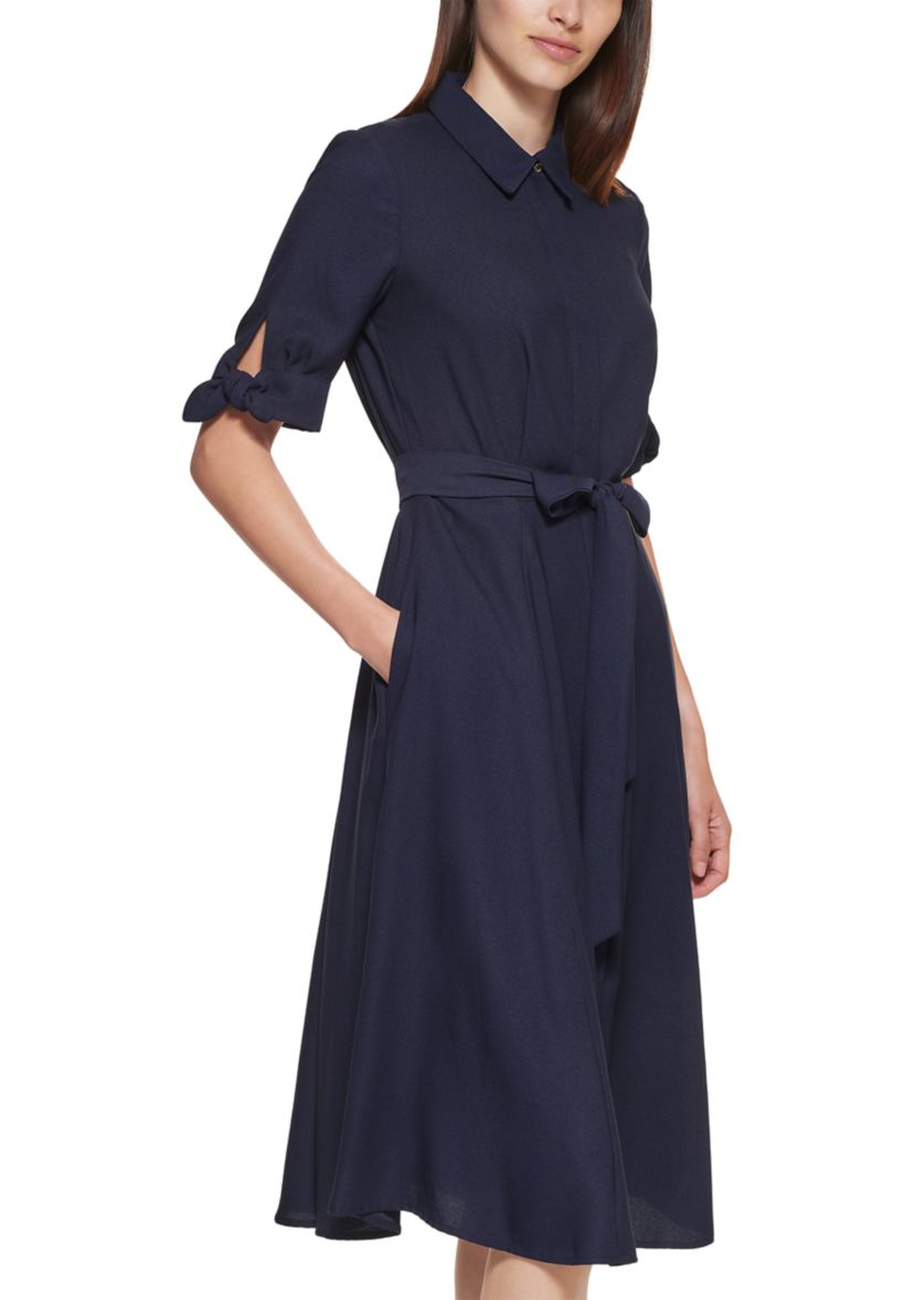 Womens Elbow Sleeve Collared Tie Waist Dress