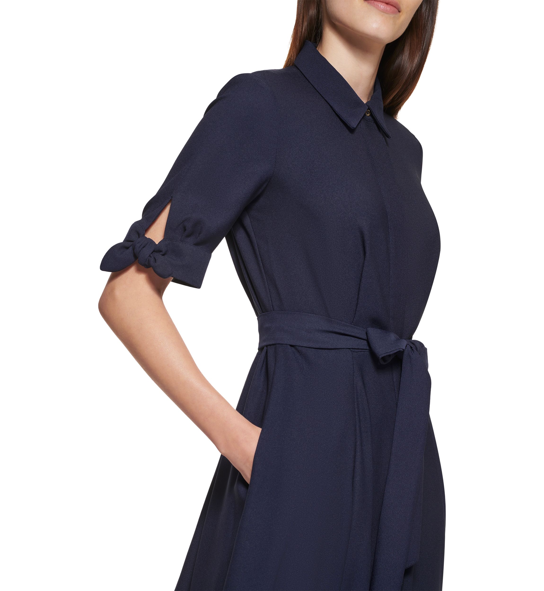 Womens Elbow Sleeve Collared Tie Waist Dress