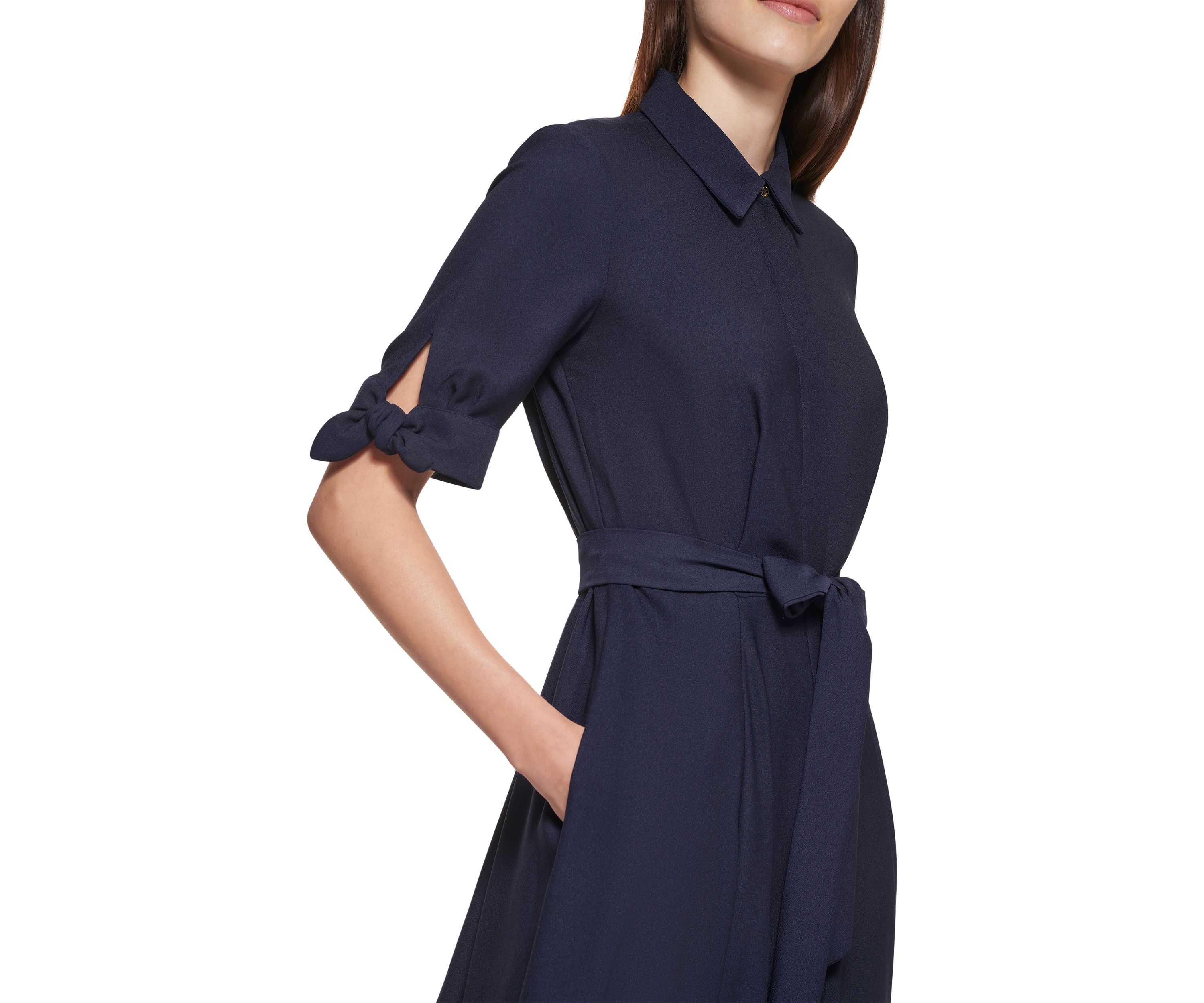 Womens Elbow Sleeve Collared Tie Waist Dress