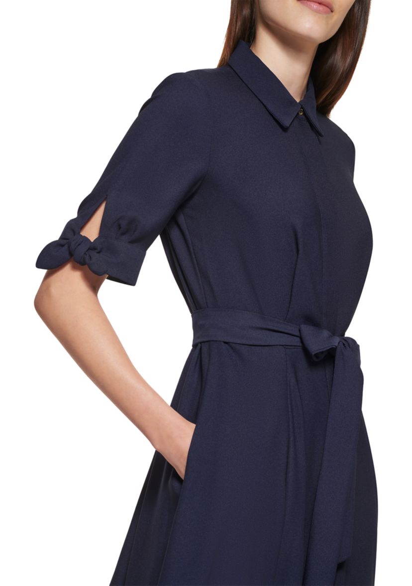 Womens Elbow Sleeve Collared Tie Waist Dress