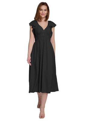 Calvin Klein Women's Short Sleeve V-Neck Solid Fit and Flare Dress, Black, 4