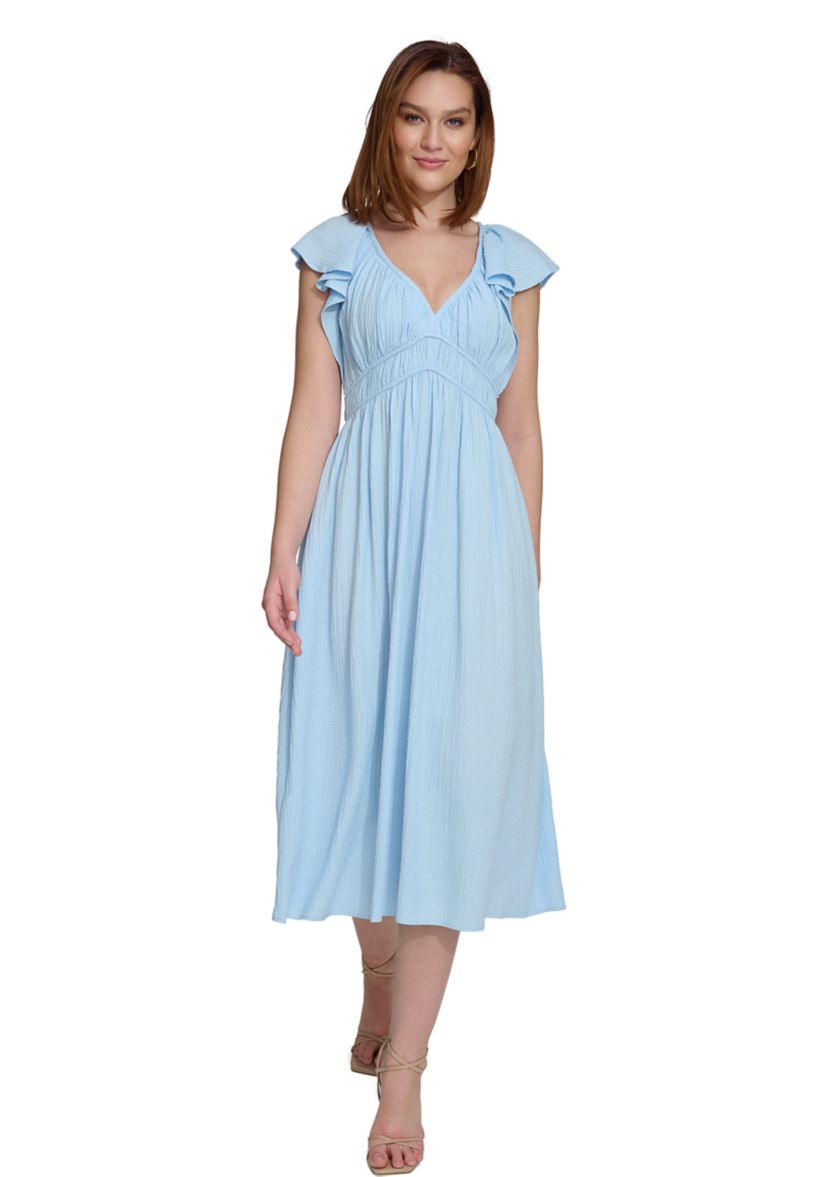 Womens Short Sleeve V-Neck Solid Fit and Flare Dress