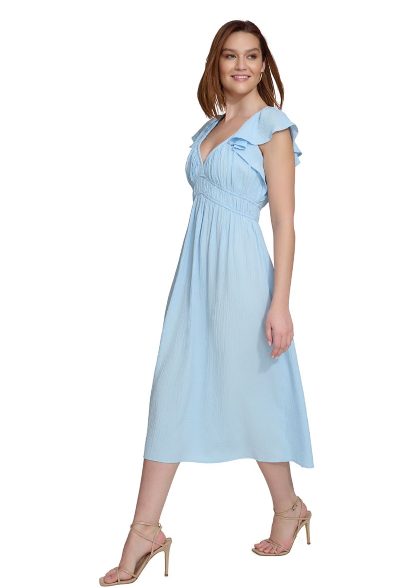 Womens Short Sleeve V-Neck Solid Fit and Flare Dress