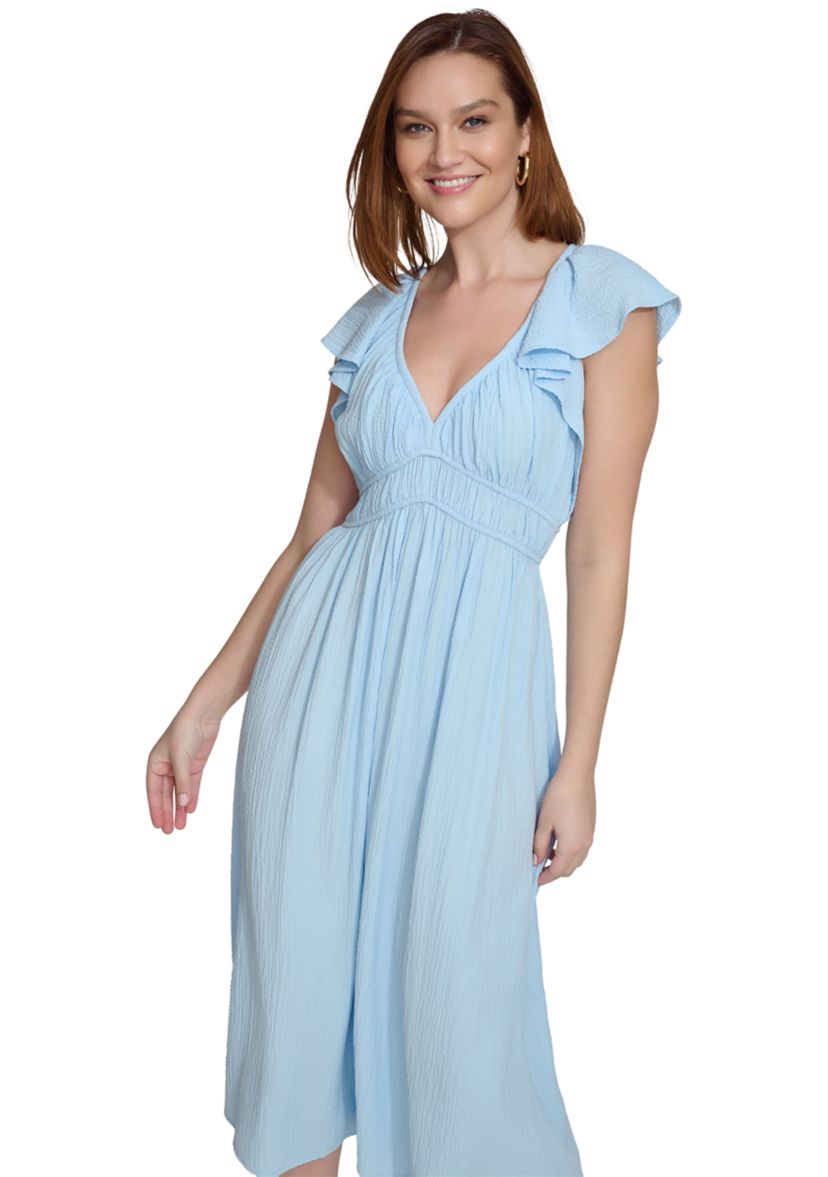 Womens Short Sleeve V-Neck Solid Fit and Flare Dress
