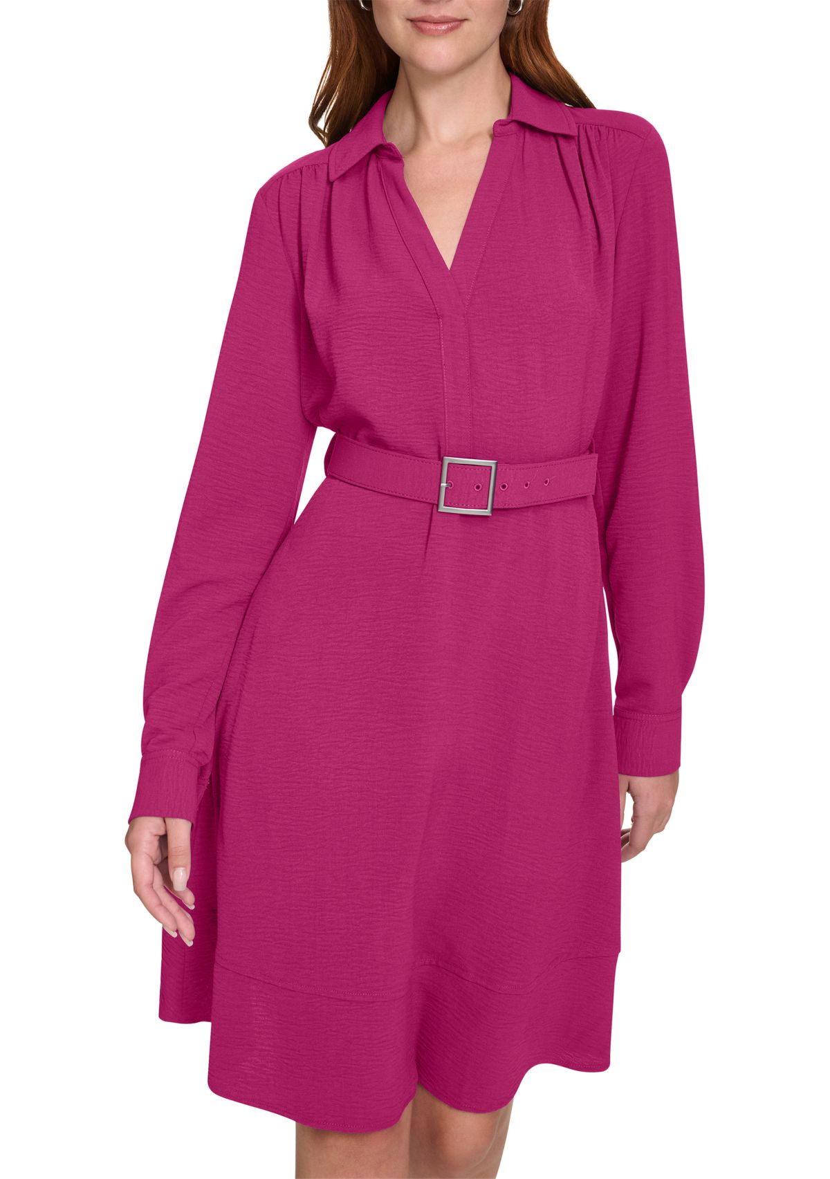 Womens Long Sleeve Collared Belted Fit and Flare Dress