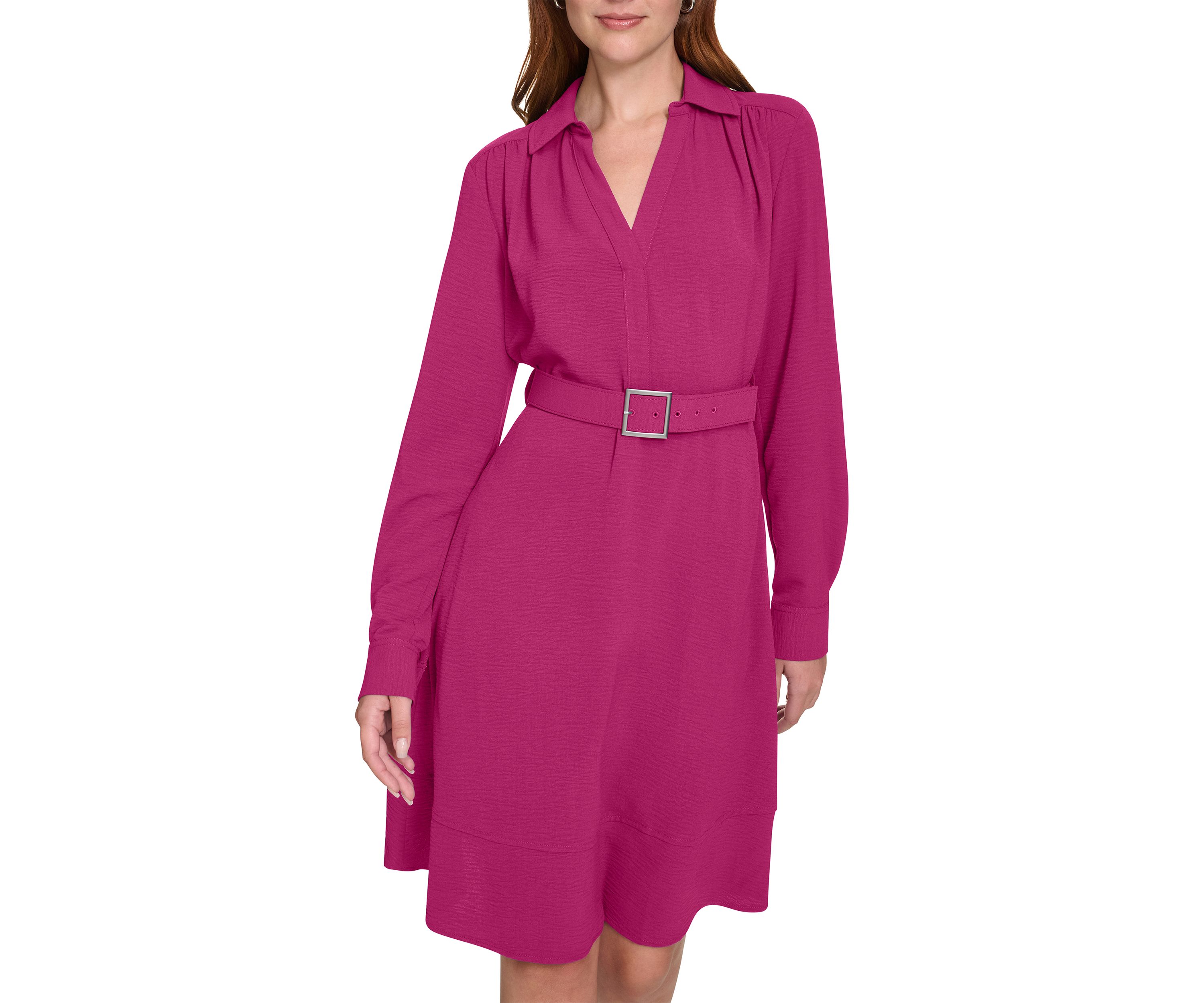 Womens Long Sleeve Collared Belted Fit and Flare Dress