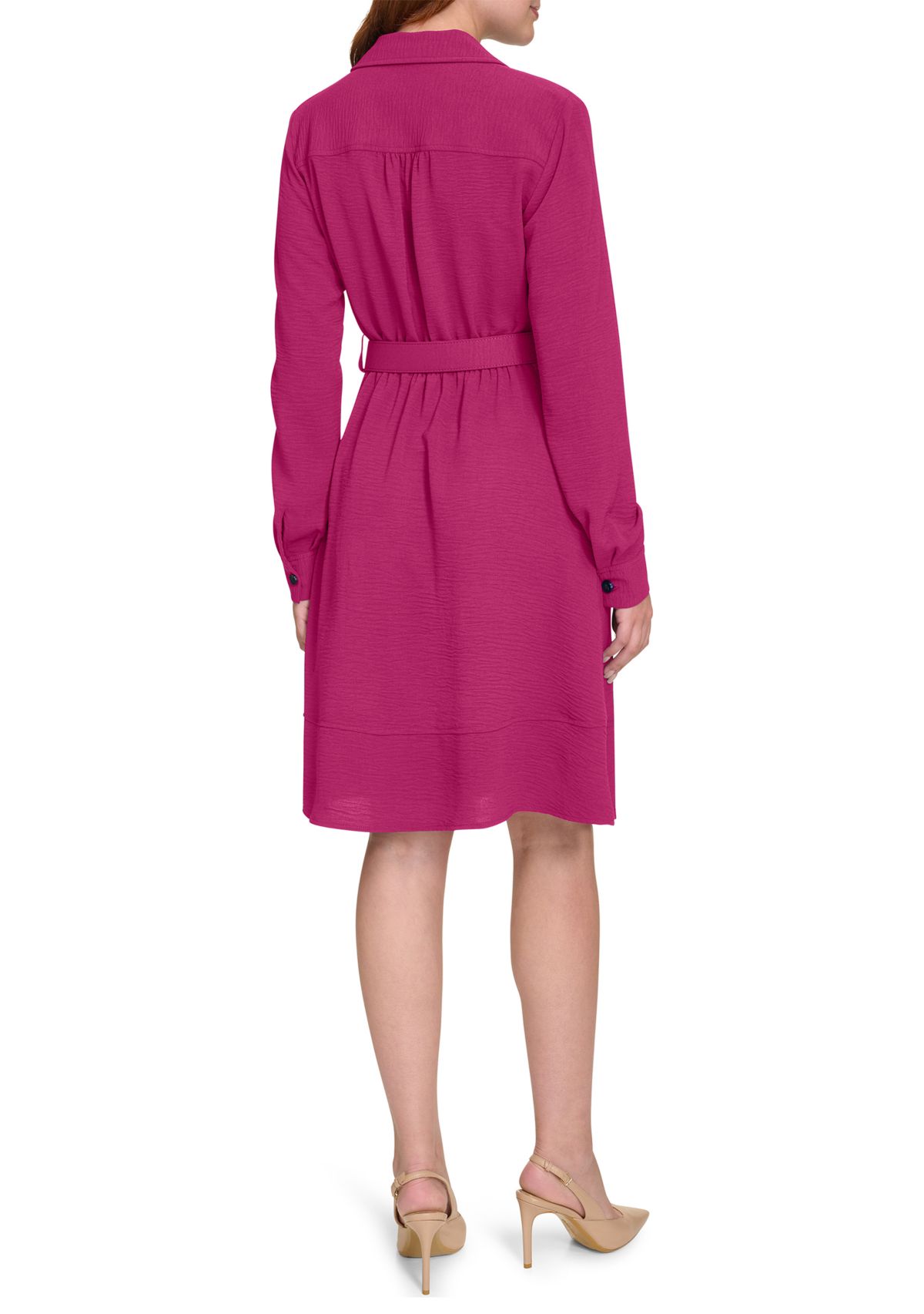 Womens Long Sleeve Collared Belted Fit and Flare Dress