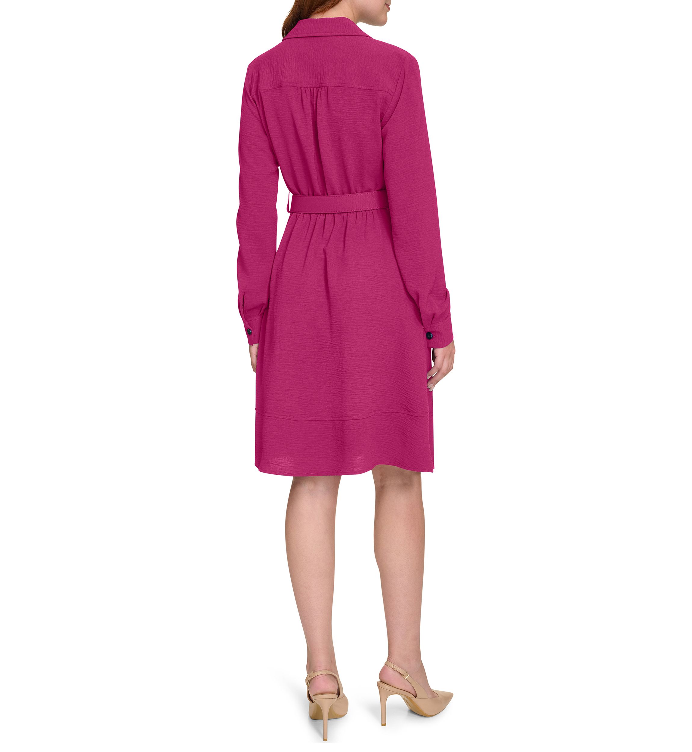 Womens Long Sleeve Collared Belted Fit and Flare Dress