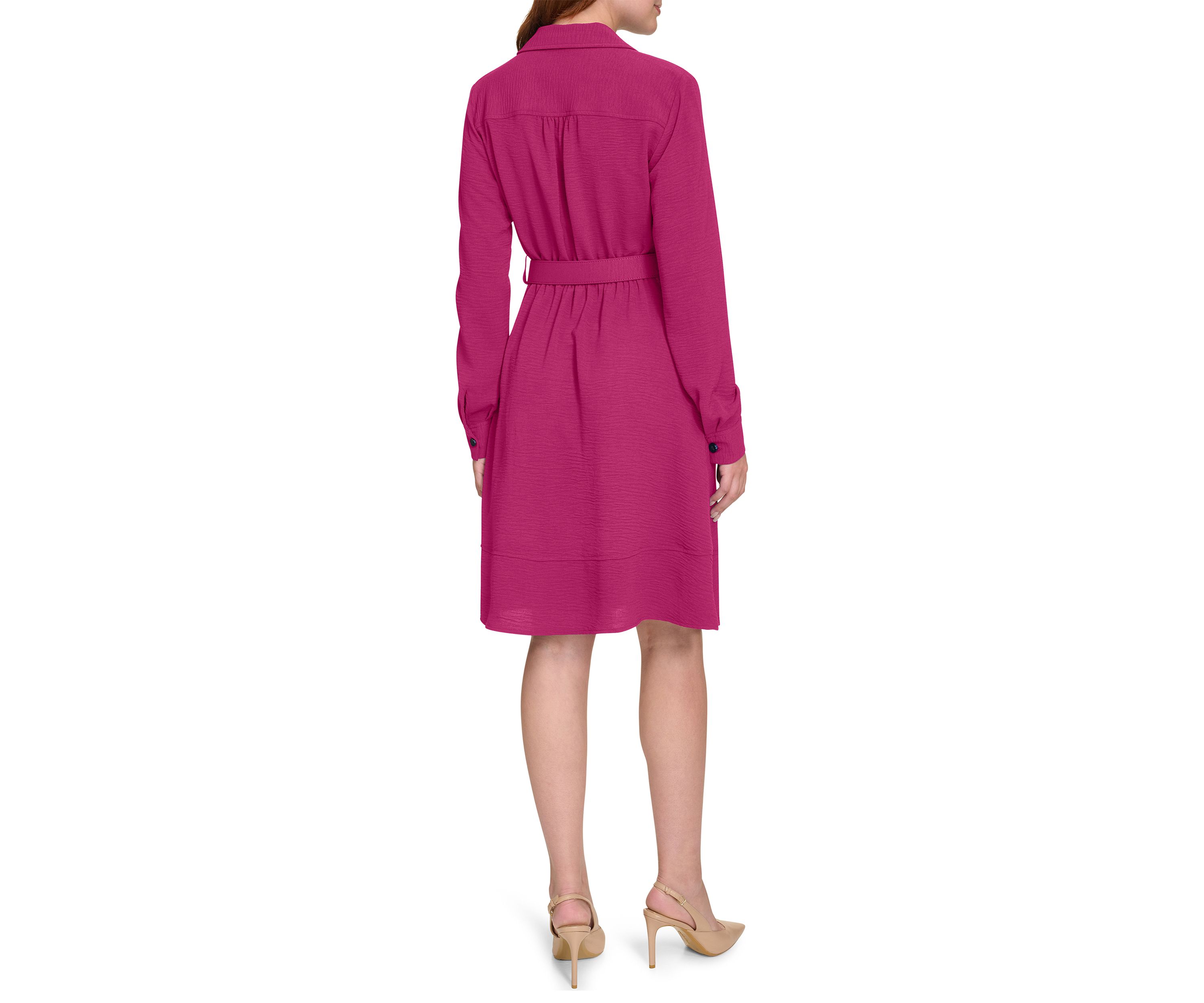 Womens Long Sleeve Collared Belted Fit and Flare Dress