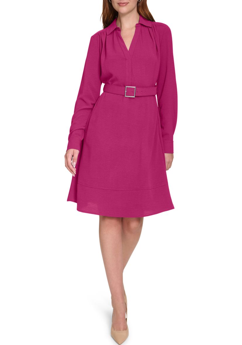 Womens Long Sleeve Collared Belted Fit and Flare Dress