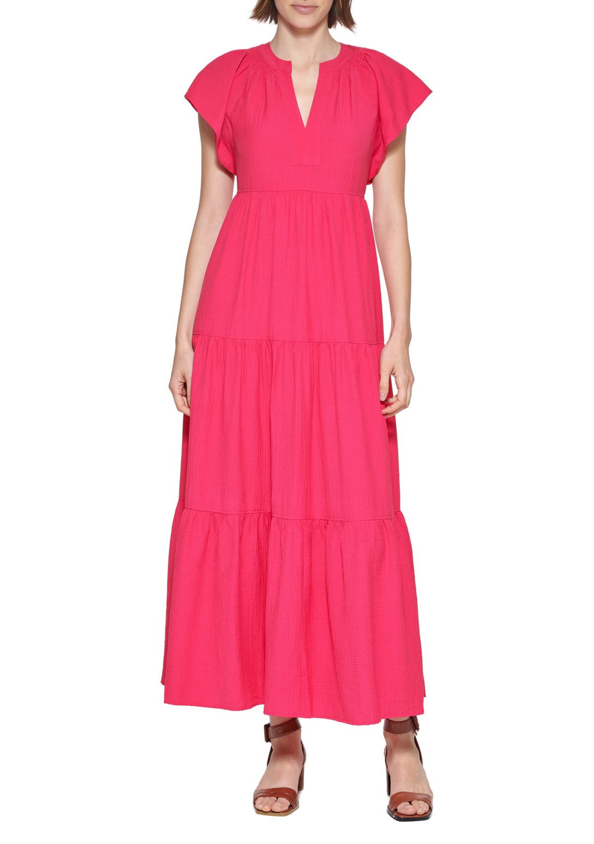 Womens Flutter Sleeve Tiered Dress