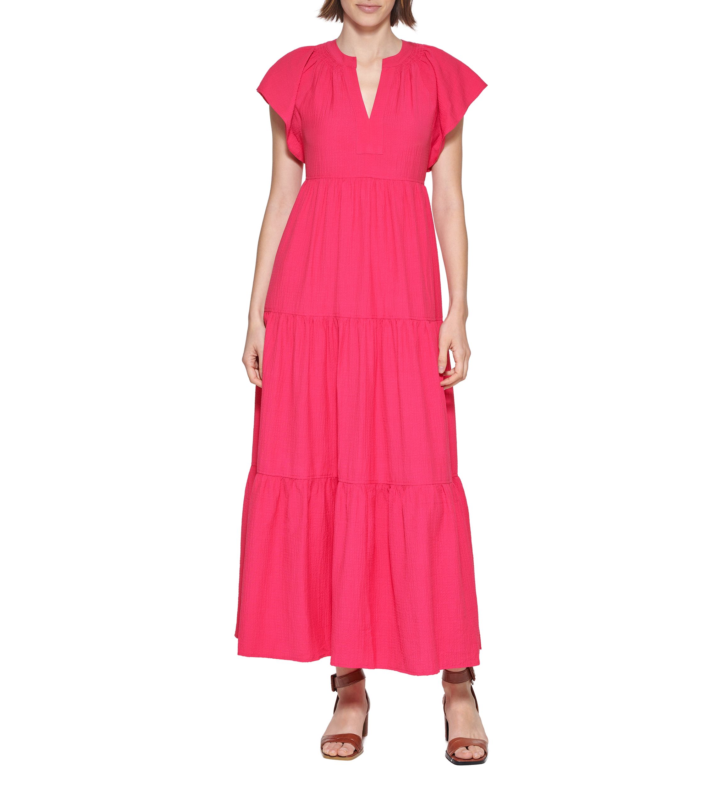 Womens Flutter Sleeve Tiered Dress