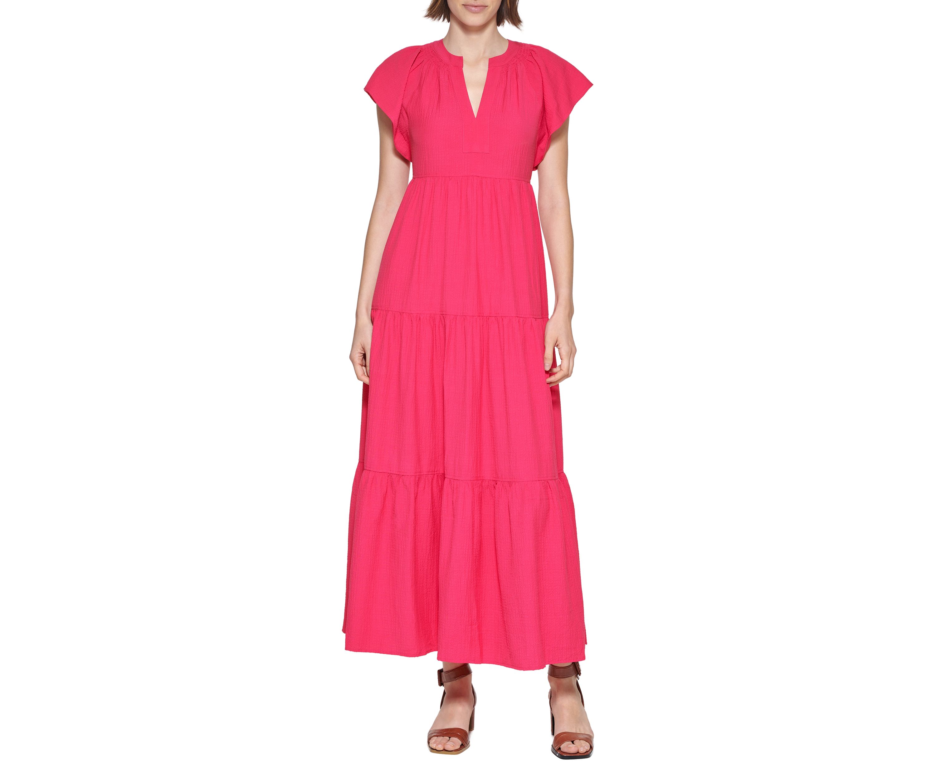 Womens Flutter Sleeve Tiered Dress
