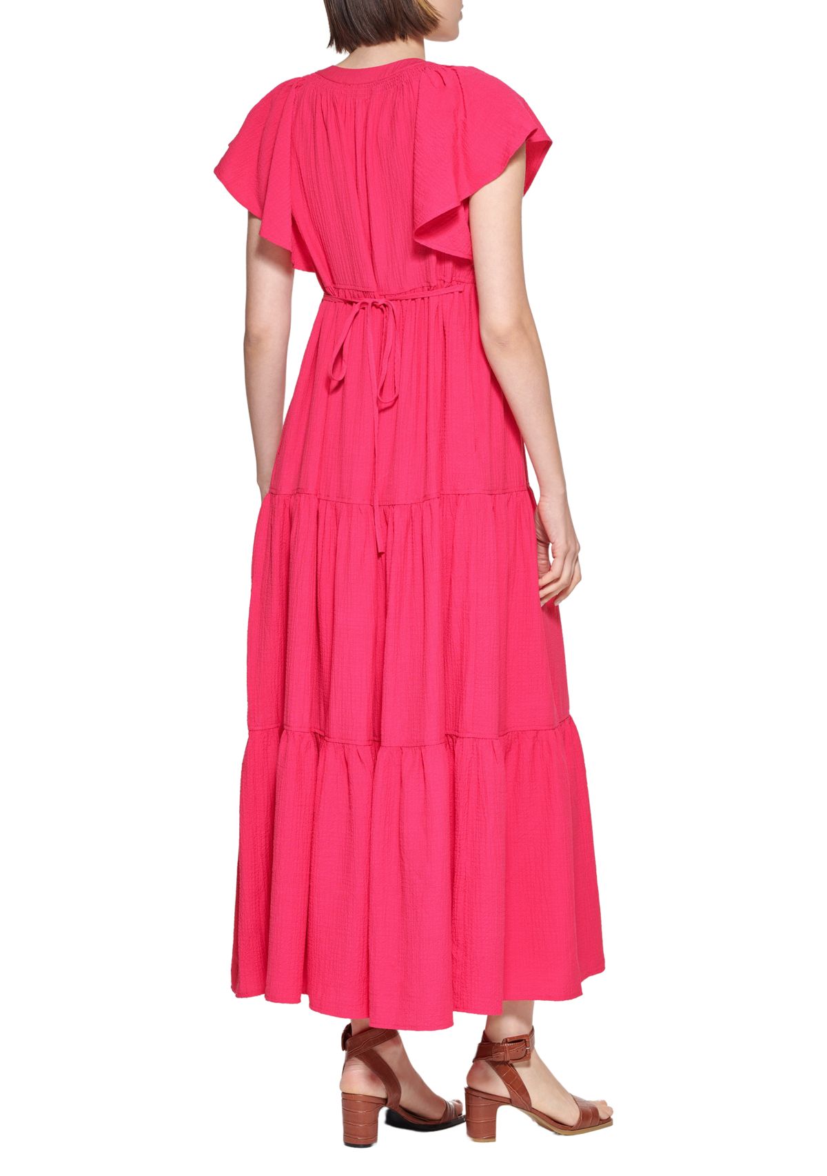 Womens Flutter Sleeve Tiered Dress