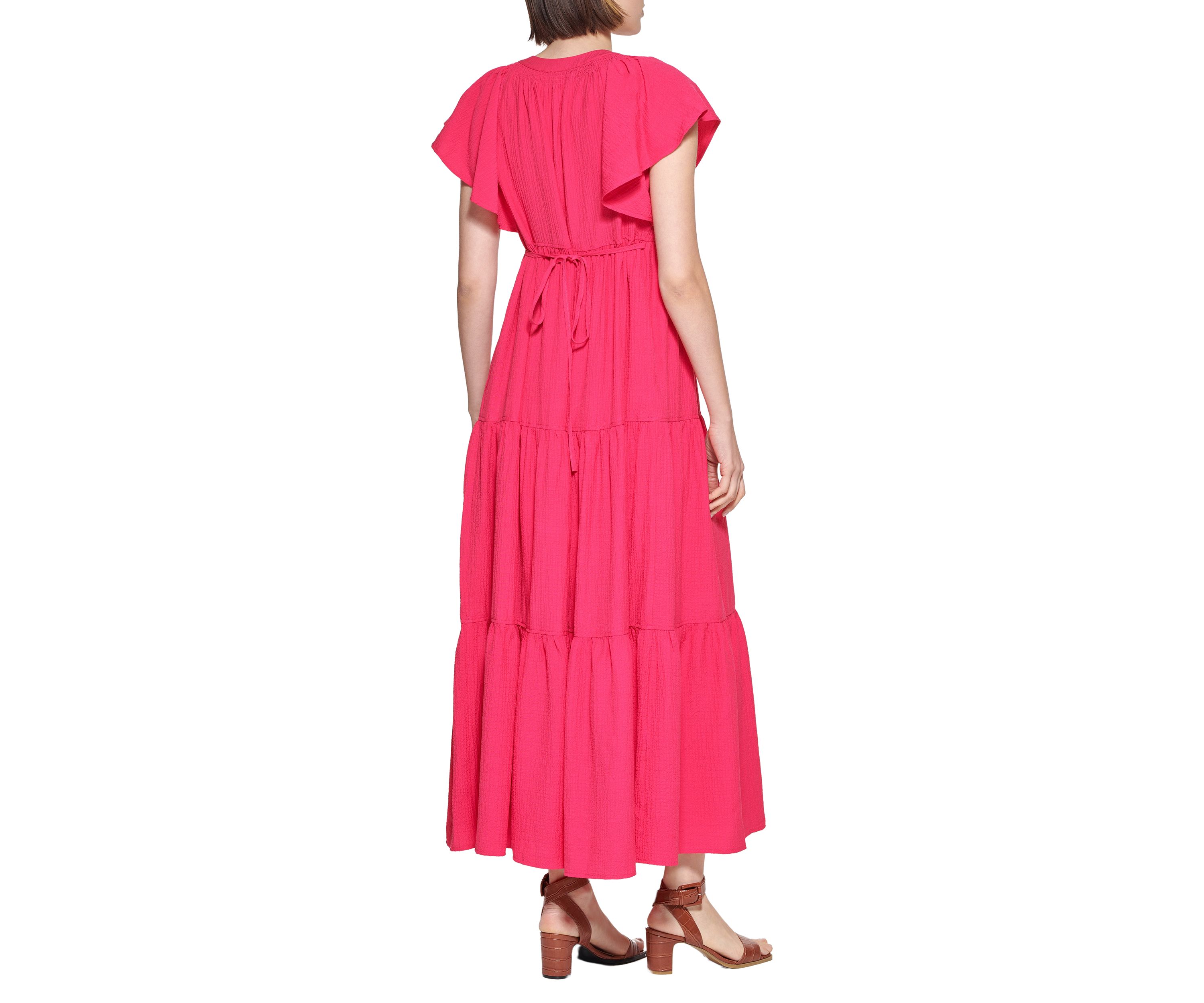 Womens Flutter Sleeve Tiered Dress