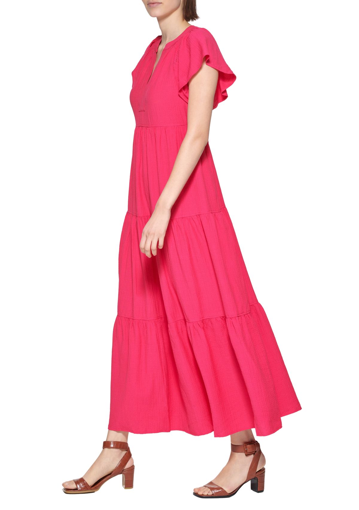 Womens Flutter Sleeve Tiered Dress
