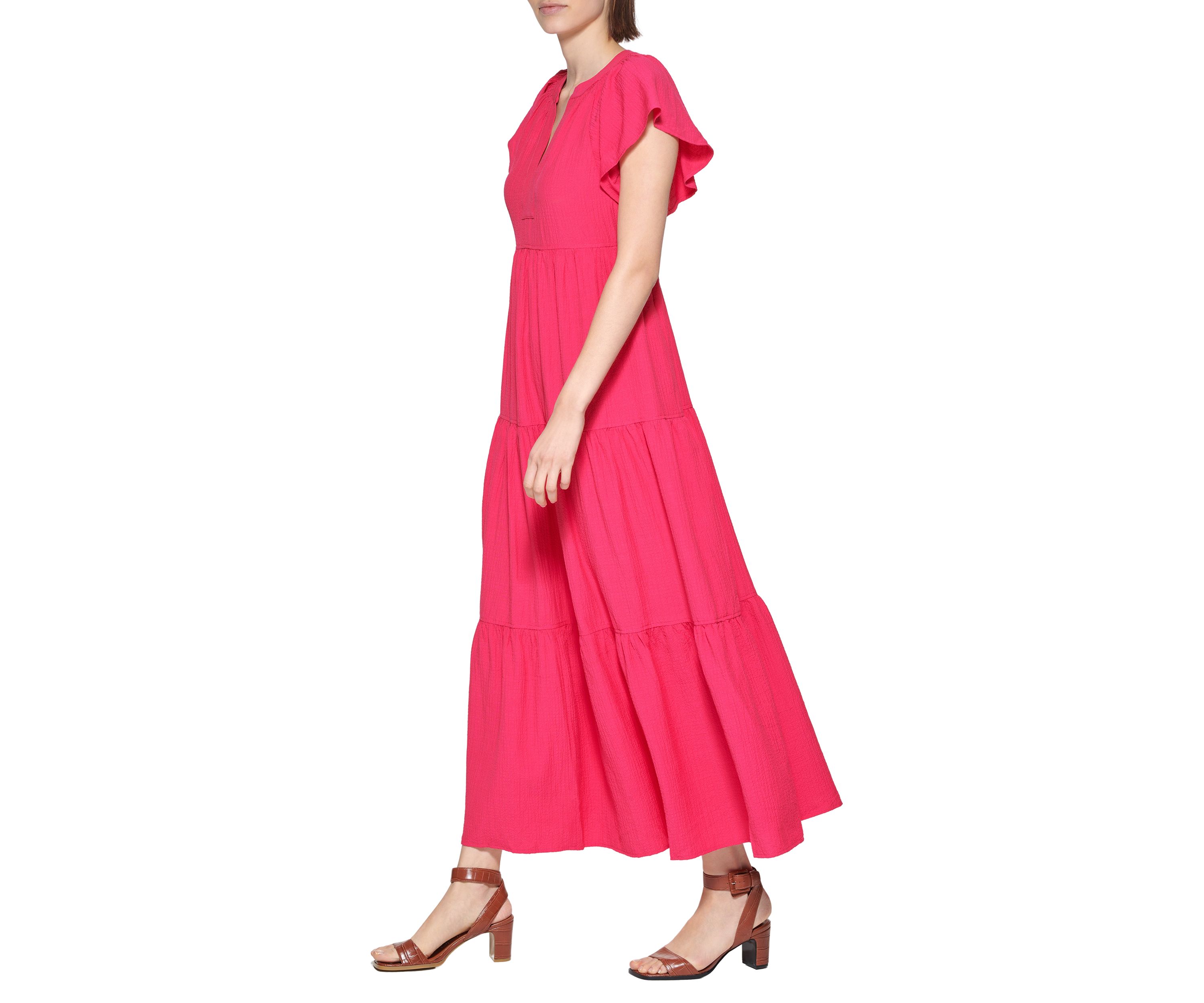 Womens Flutter Sleeve Tiered Dress