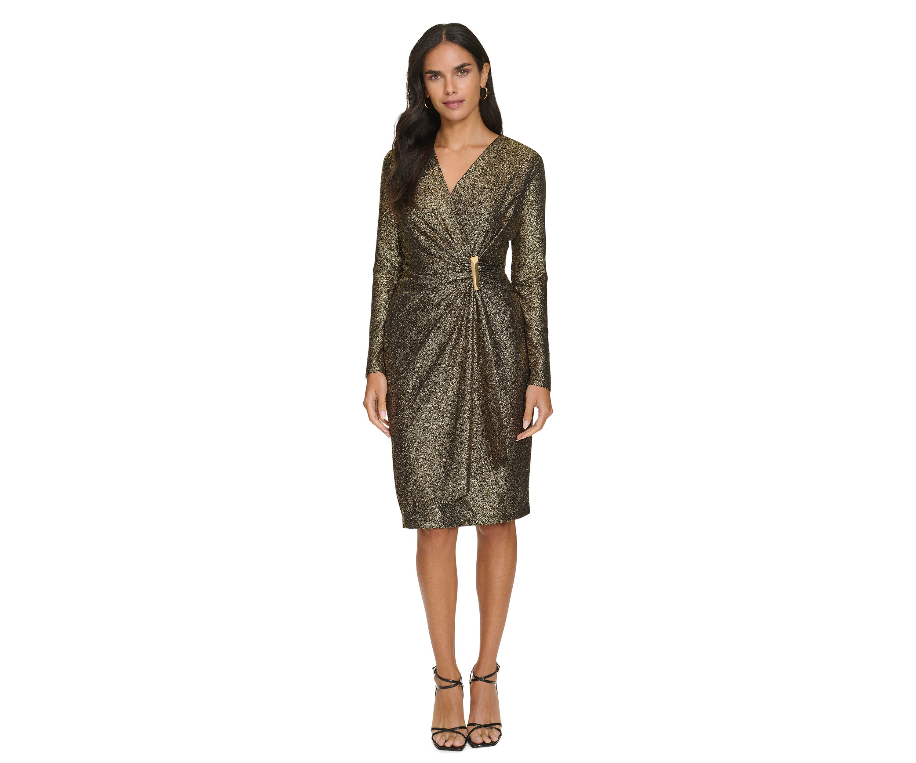 Womens Long Sleeve Ruched Foil Jersey Fit and Flare Dress