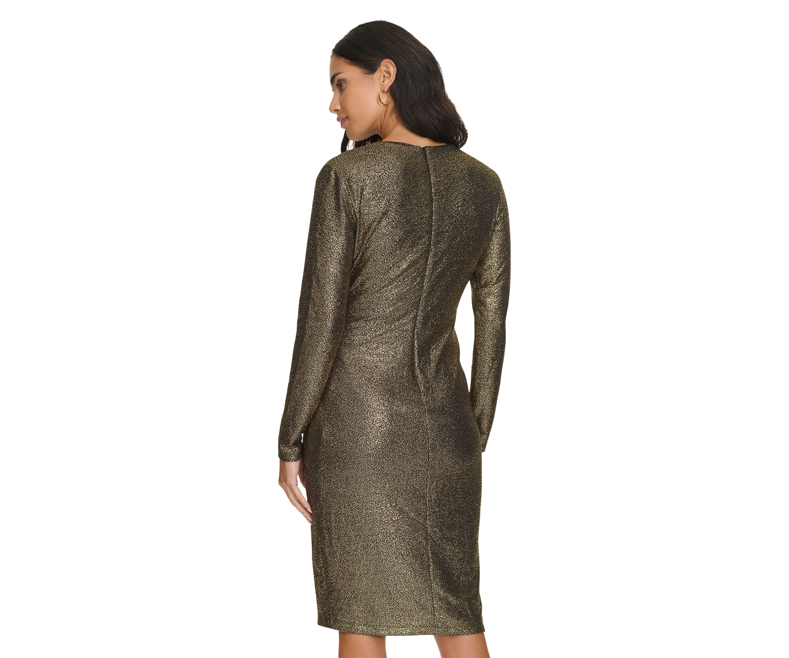 Womens Long Sleeve Ruched Foil Jersey Fit and Flare Dress