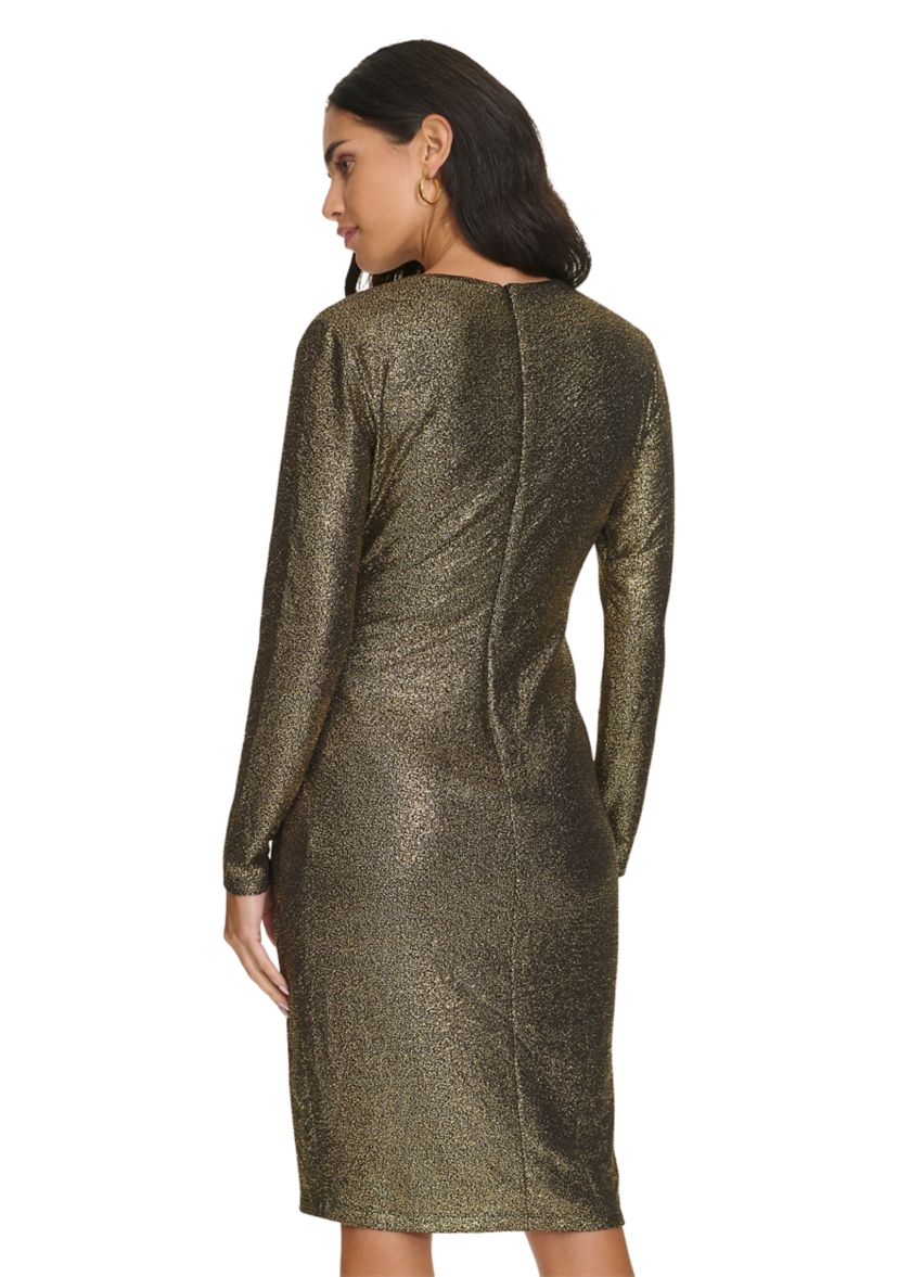 Womens Long Sleeve Ruched Foil Jersey Fit and Flare Dress