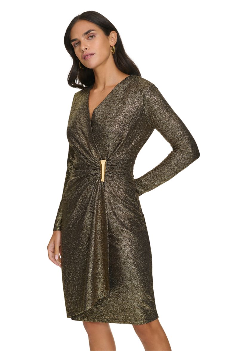 Womens Long Sleeve Ruched Foil Jersey Fit and Flare Dress