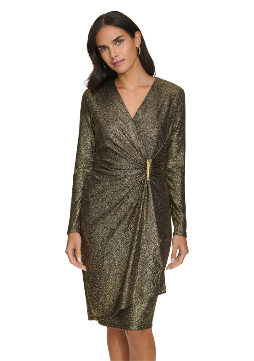 Womens Long Sleeve Ruched Foil Jersey Fit and Flare Dress