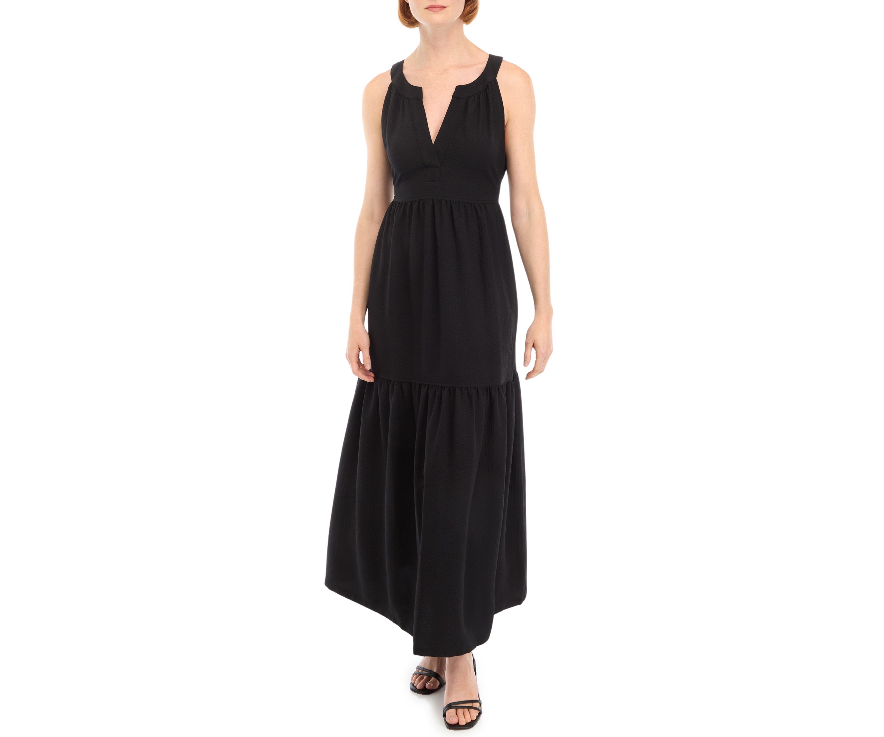 Womens Sleeveless V-Neck Solid Gauze A-Line Dress