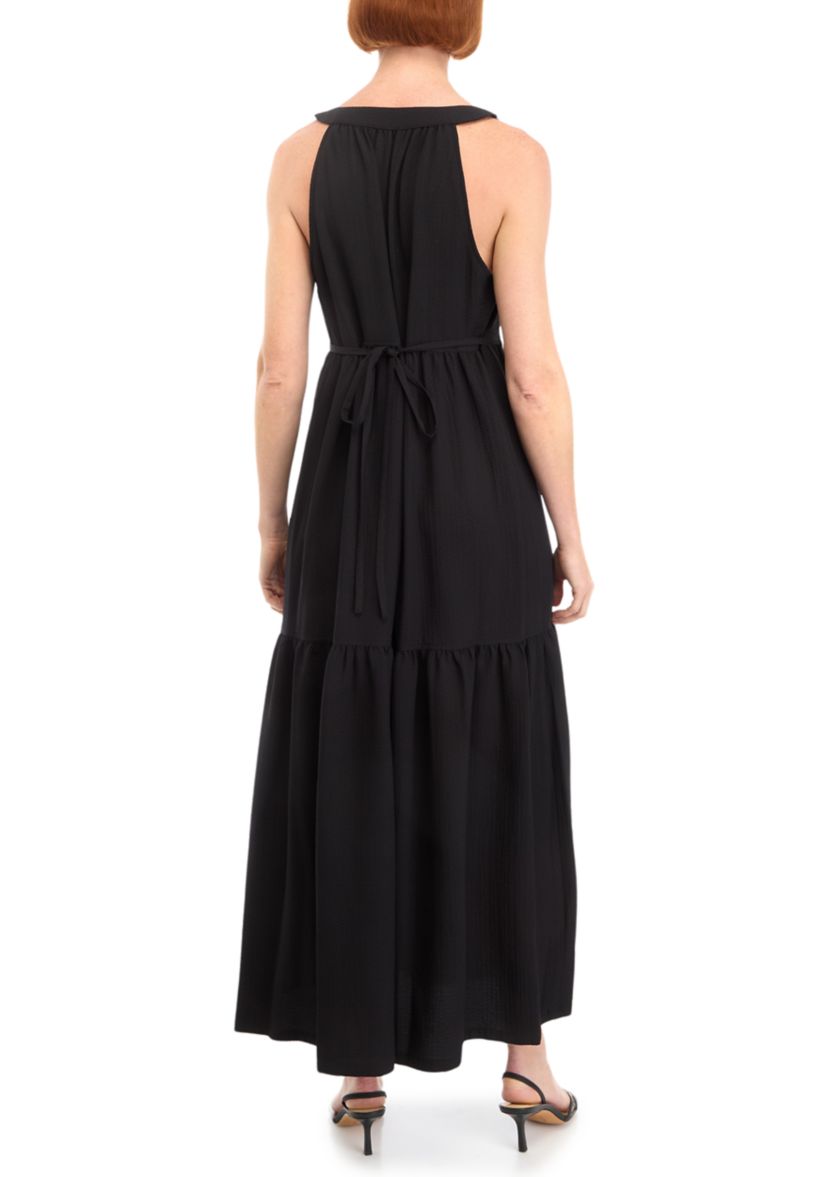Womens Sleeveless V-Neck Solid Gauze A-Line Dress