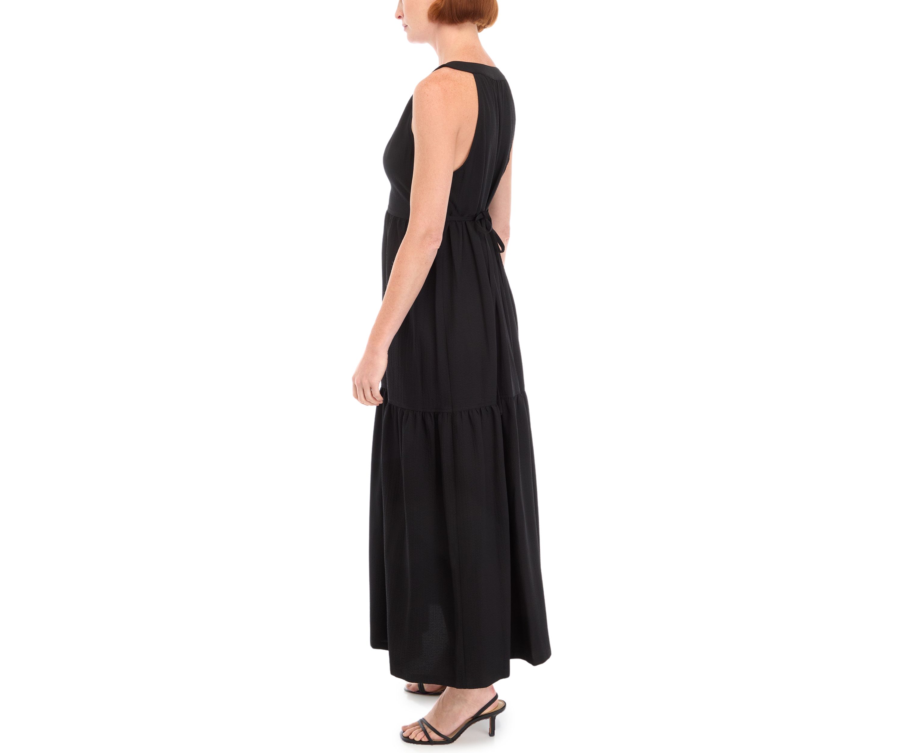 Womens Sleeveless V-Neck Solid Gauze A-Line Dress