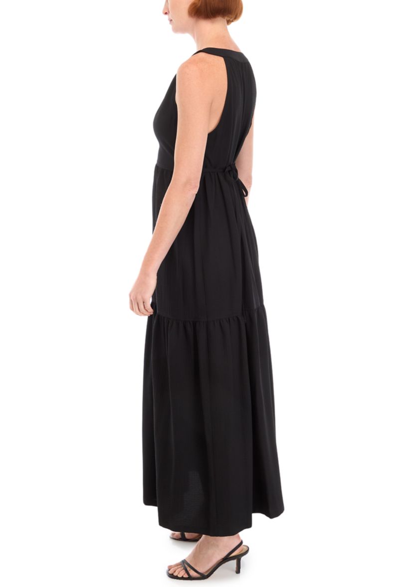 Womens Sleeveless V-Neck Solid Gauze A-Line Dress