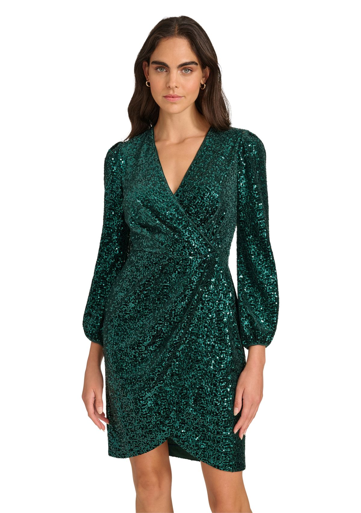 Womens Long Sleeve Ruched Sequin Fit and Flare Dress