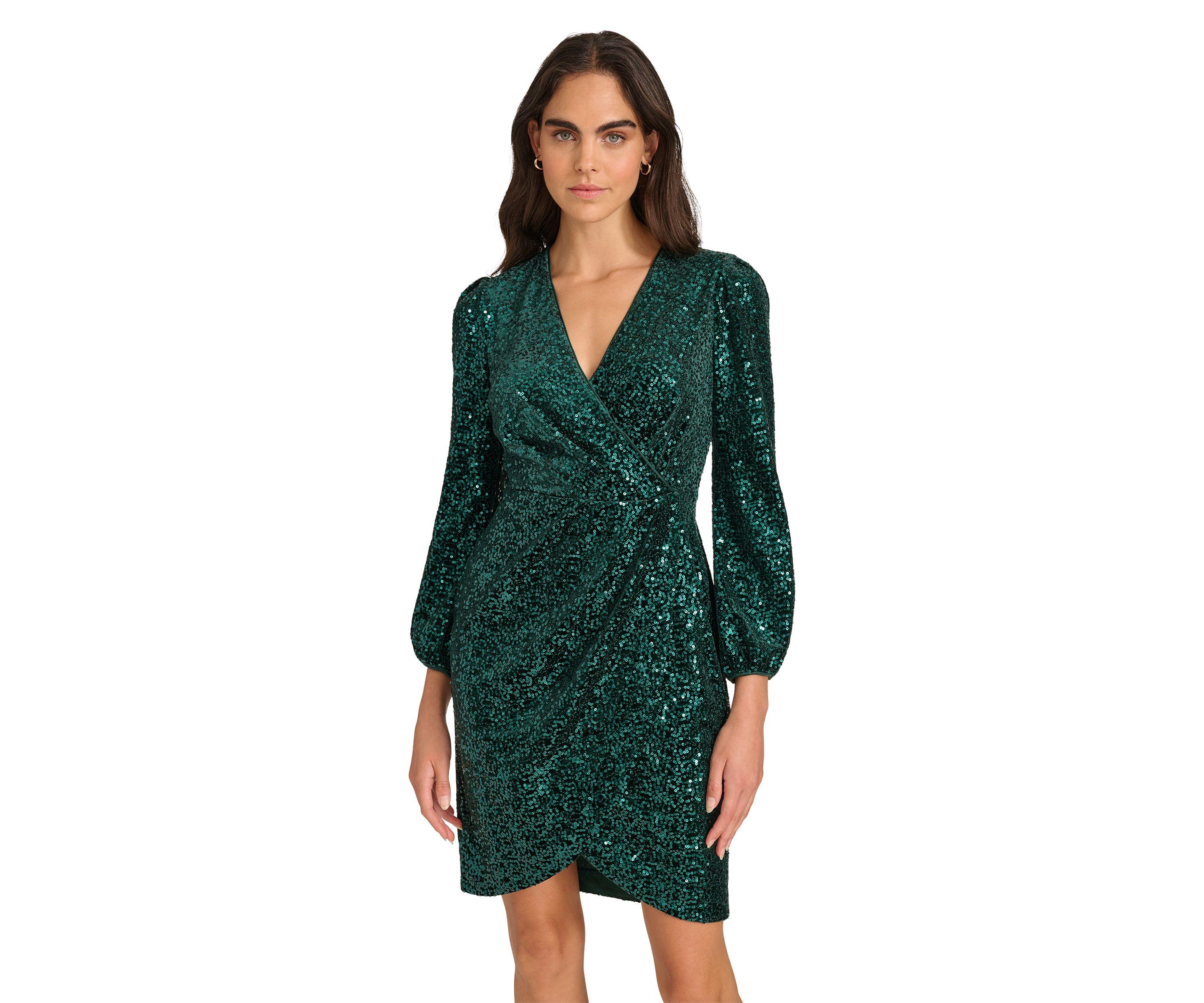Womens Long Sleeve Ruched Sequin Fit and Flare Dress