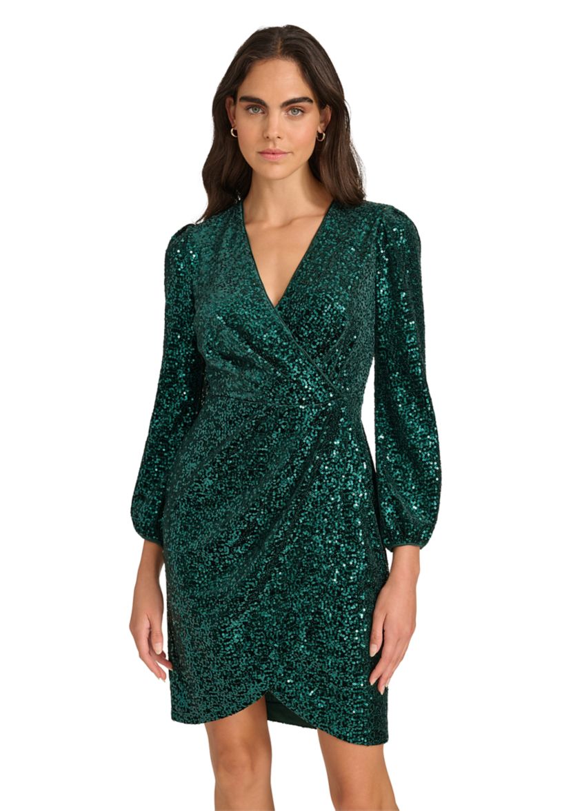 Womens Long Sleeve Ruched Sequin Fit and Flare Dress