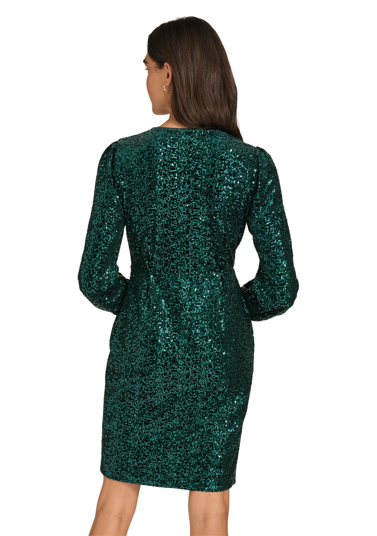 Womens Long Sleeve Ruched Sequin Fit and Flare Dress
