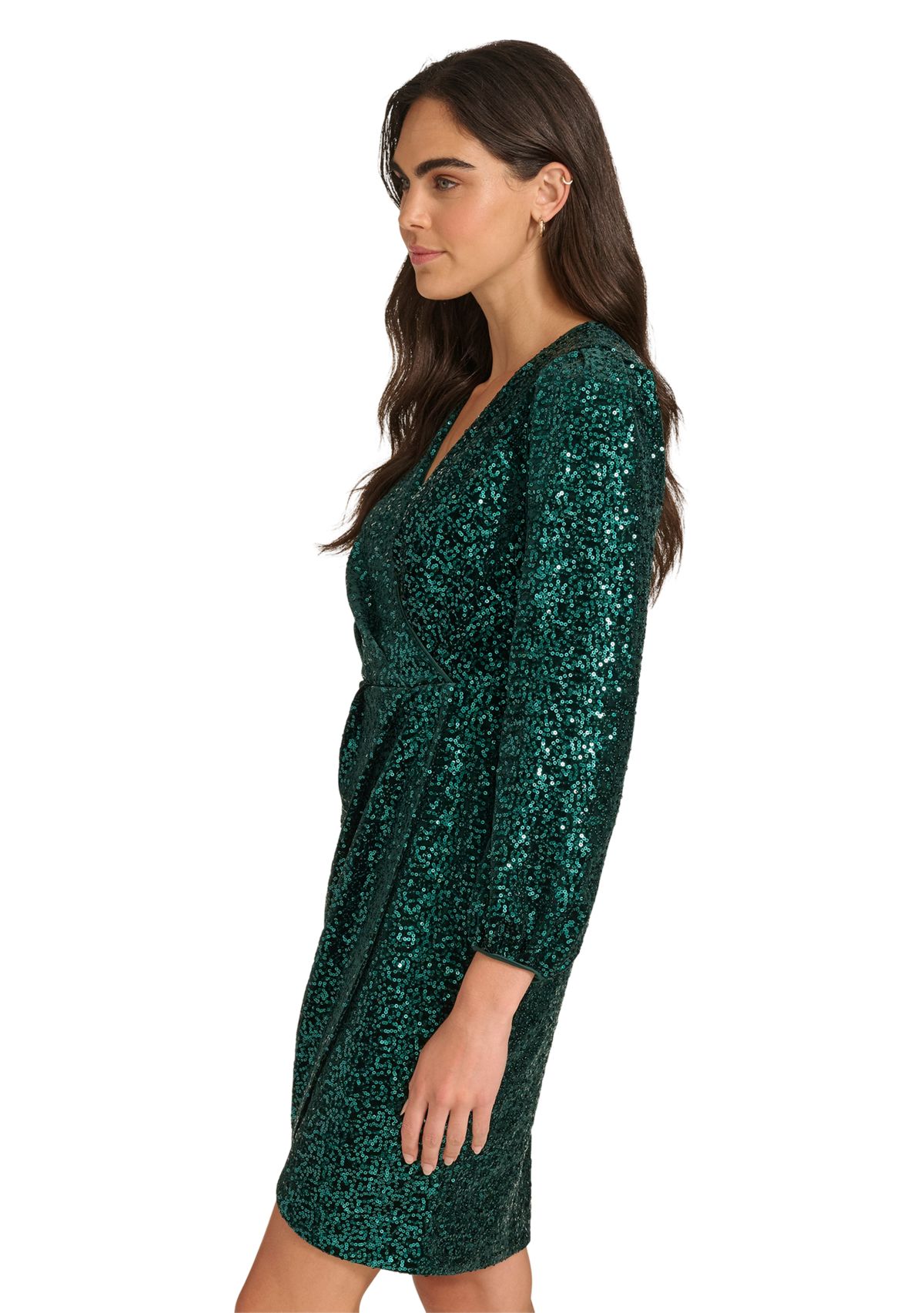 Womens Long Sleeve Ruched Sequin Fit and Flare Dress
