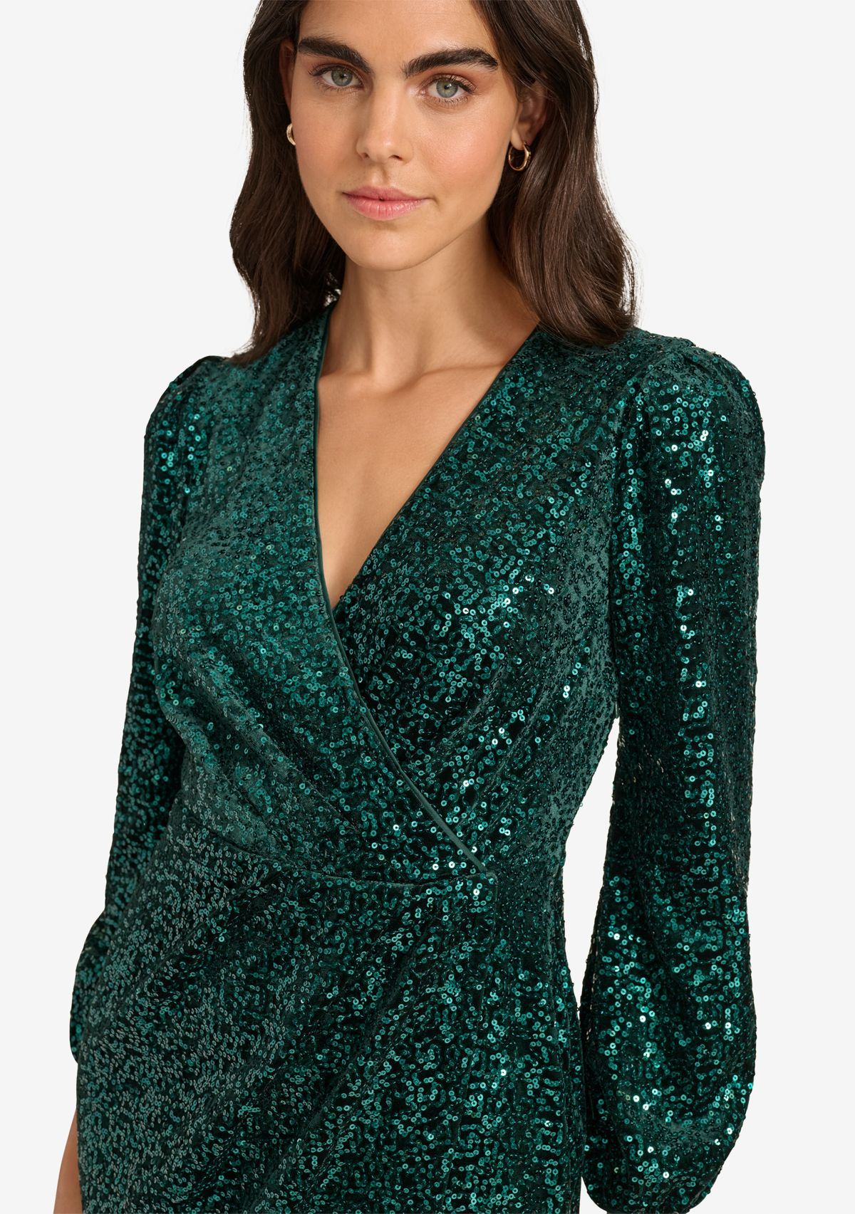 Womens Long Sleeve Ruched Sequin Fit and Flare Dress
