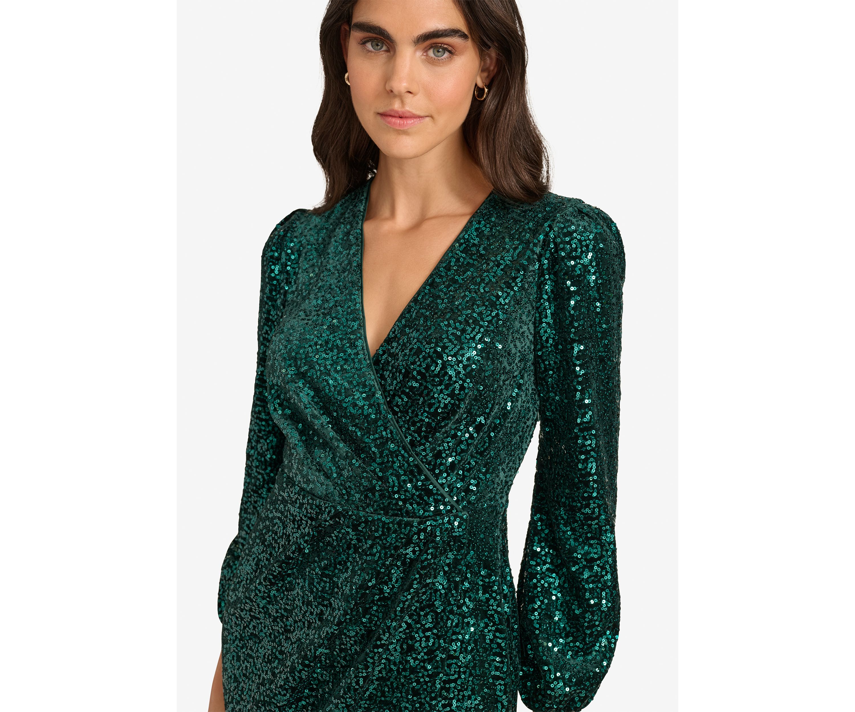 Womens Long Sleeve Ruched Sequin Fit and Flare Dress
