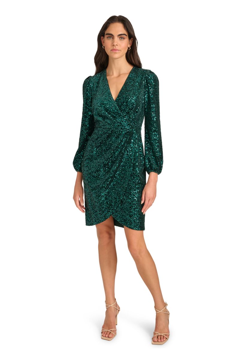 Womens Long Sleeve Ruched Sequin Fit and Flare Dress