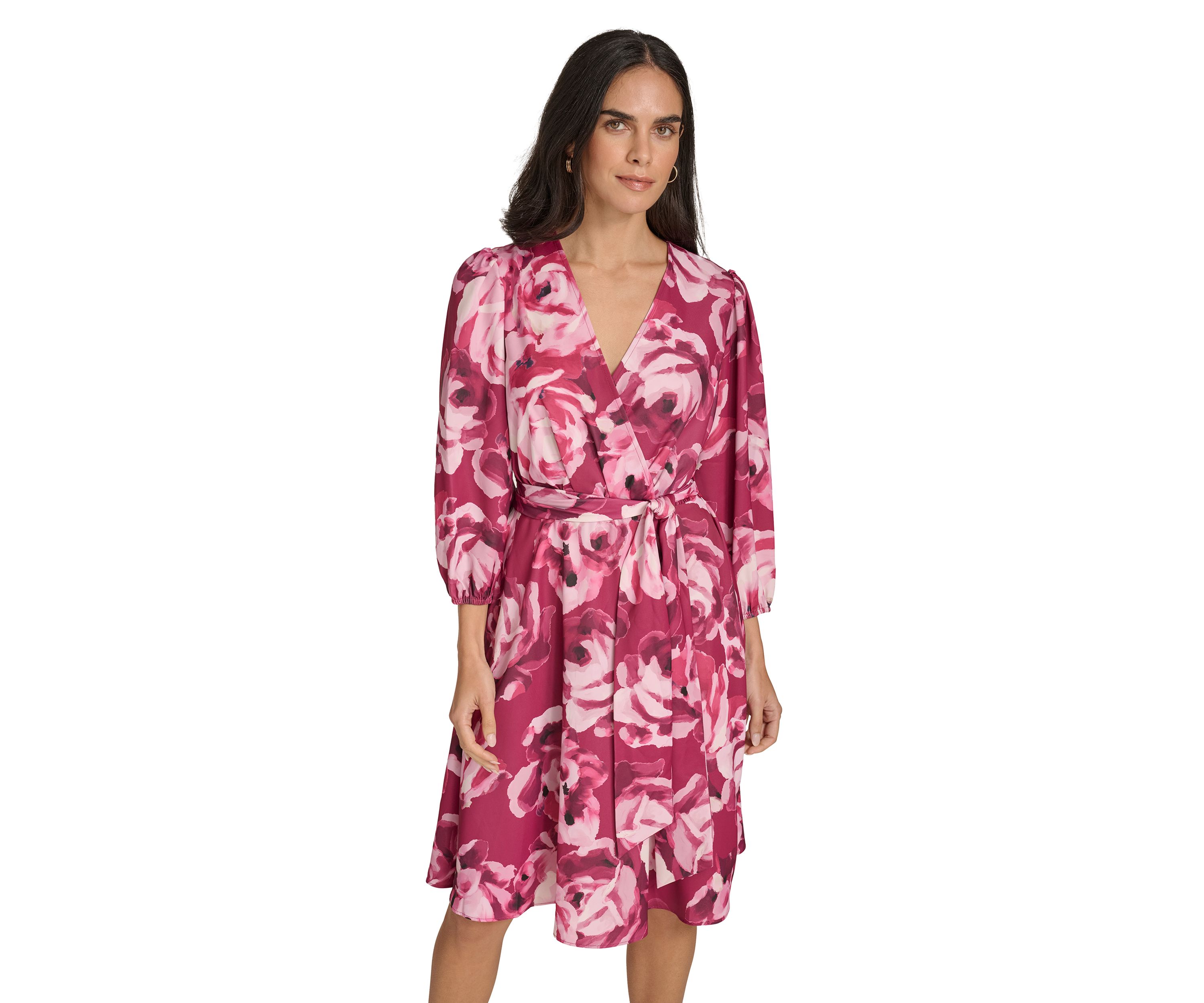 Womens 3/4 Puff Sleeve Tie Waist Floral Fit and Flare Dress