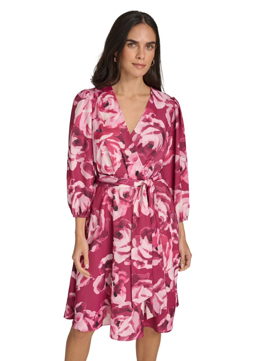 Womens 3/4 Puff Sleeve Tie Waist Floral Fit and Flare Dress